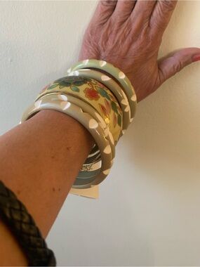 Floral and Polka Dot Stackable Bangle Bracelet Set - Cream